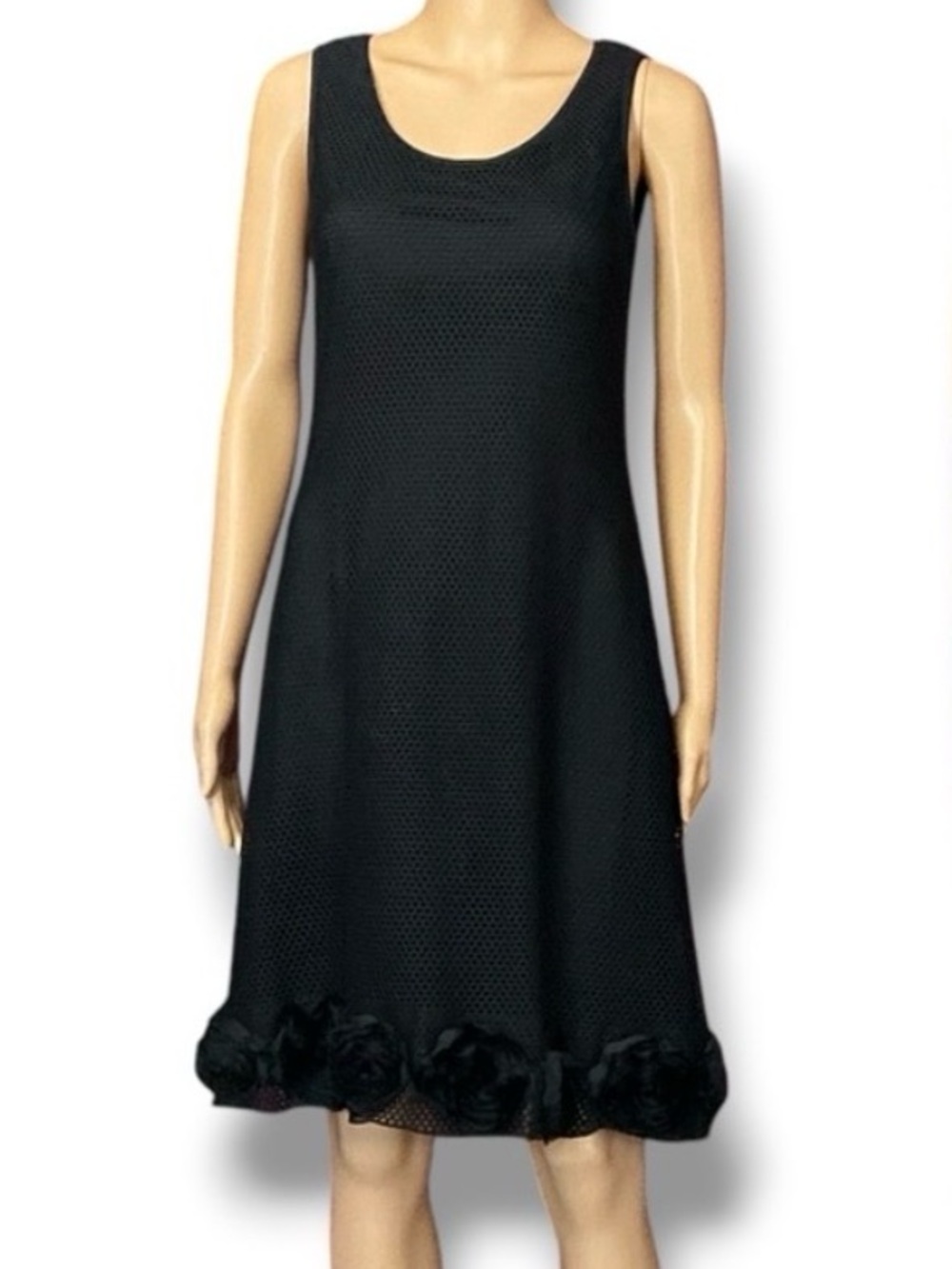 Joseph Ribkoff Black Sleeveless Mesh Mini Dress with Rosette Hem